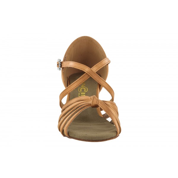 Lys brun satengsko med knute foran, 5.5 cm hæl, fleksibel såle