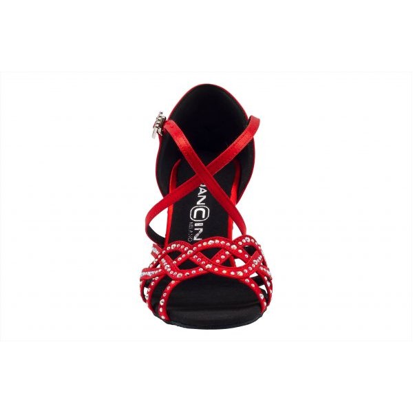 Rød satengsko, flettede bånd, 8 cm hæl og krystaller - tilbud 50%